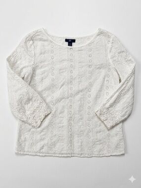 GAP White Eyelet Crochet 3/4-Sleeve Cotton Top Size XS